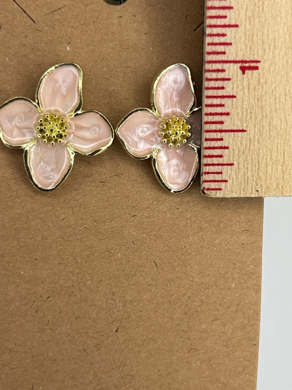 Delicate Pink Enamel Flower Stud Earrings - Gold Trim Fashion Jewelry - Picture 2 of 3